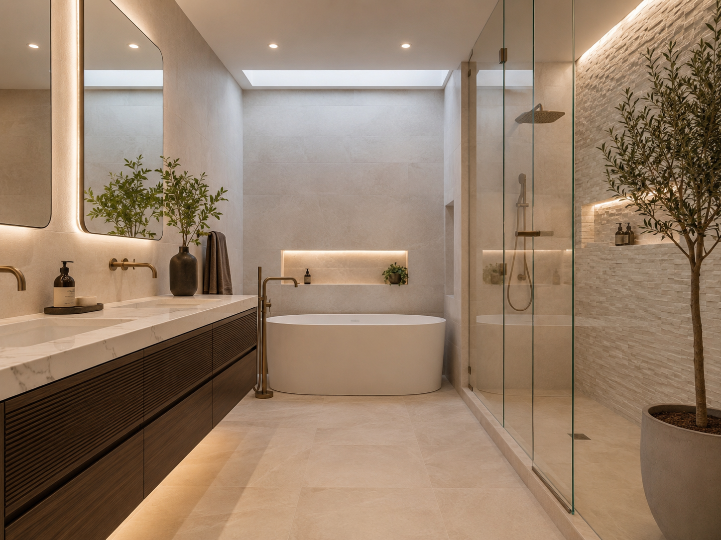 Elegant modern bathroom remodel with freestanding tub and walk-in shower